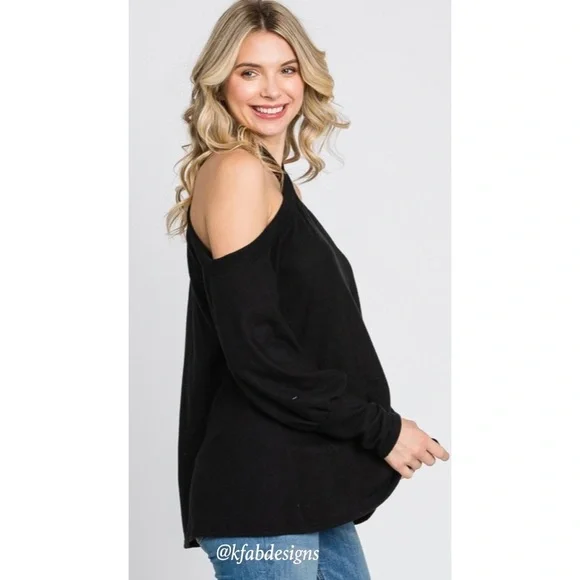 LAST 1! Super Soft Black Cross Neck Cold Shoulder Cuffed Sleeve Top - Picture 5 of 8